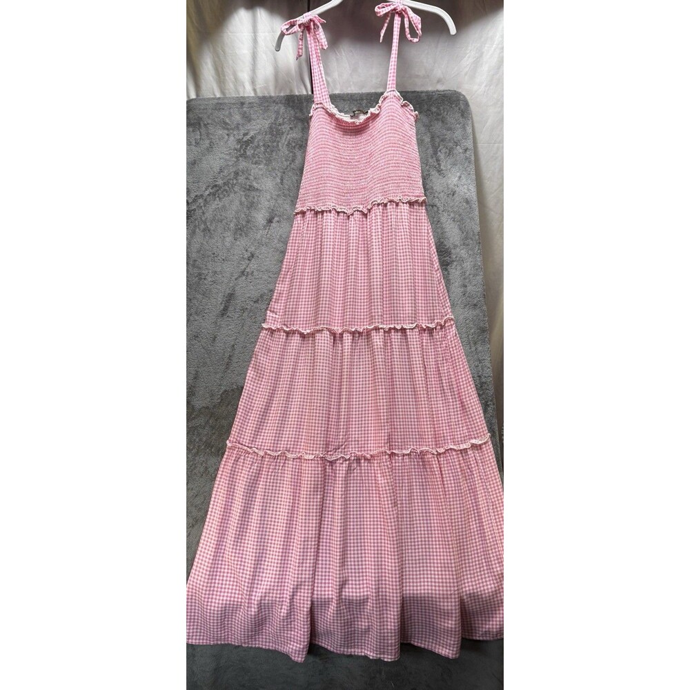 Pink Gingham Tiered Smocked Maxi Dress Large Cottagecore Coquette Romantic